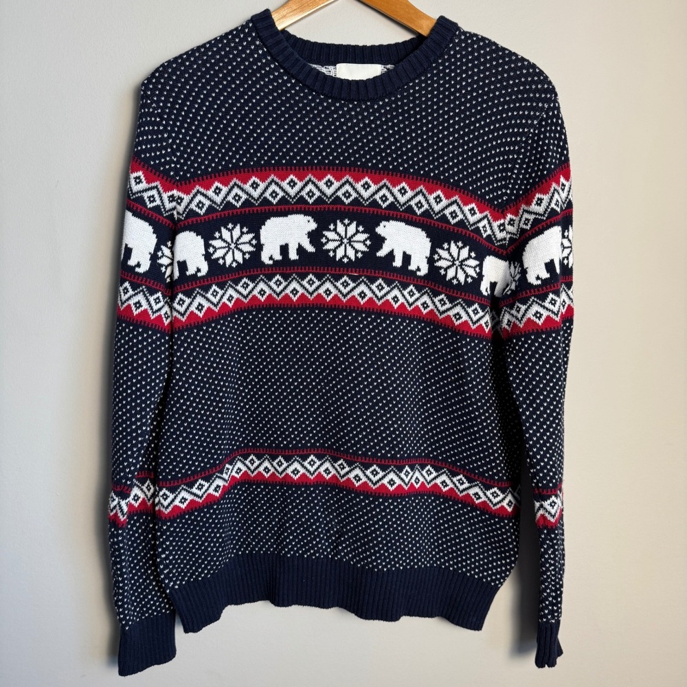 ASPEN‎ Women's Polar Bear Fair Isle Sweater Navy Size Medium Ski Chalet Cabin